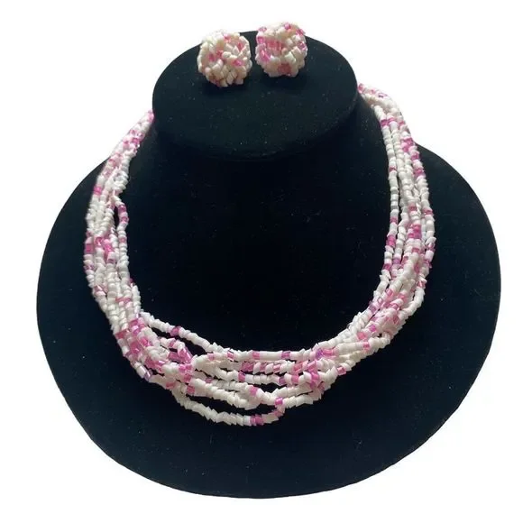 Vintage Pink and White Bohemian Glass MultiStrand Necklace Set NWT - Picture 2 of 15
